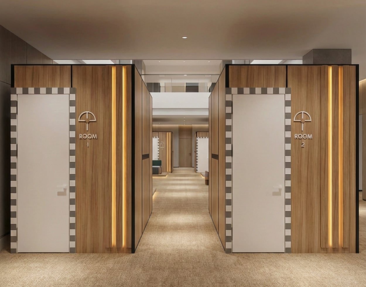 Corridor between SleepPod capsules with wood cladding, white doors and vertical LED light strips