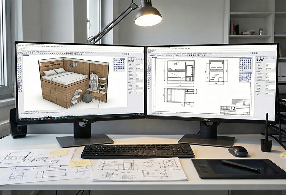 SleepPod capsule 3D model and technical drawings on two monitors at a design workstation
