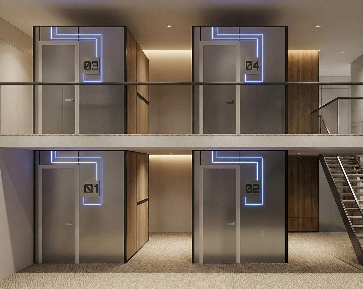Two-level SleepPod layout with four numbered capsules, glass-railed mezzanine and metal staircase