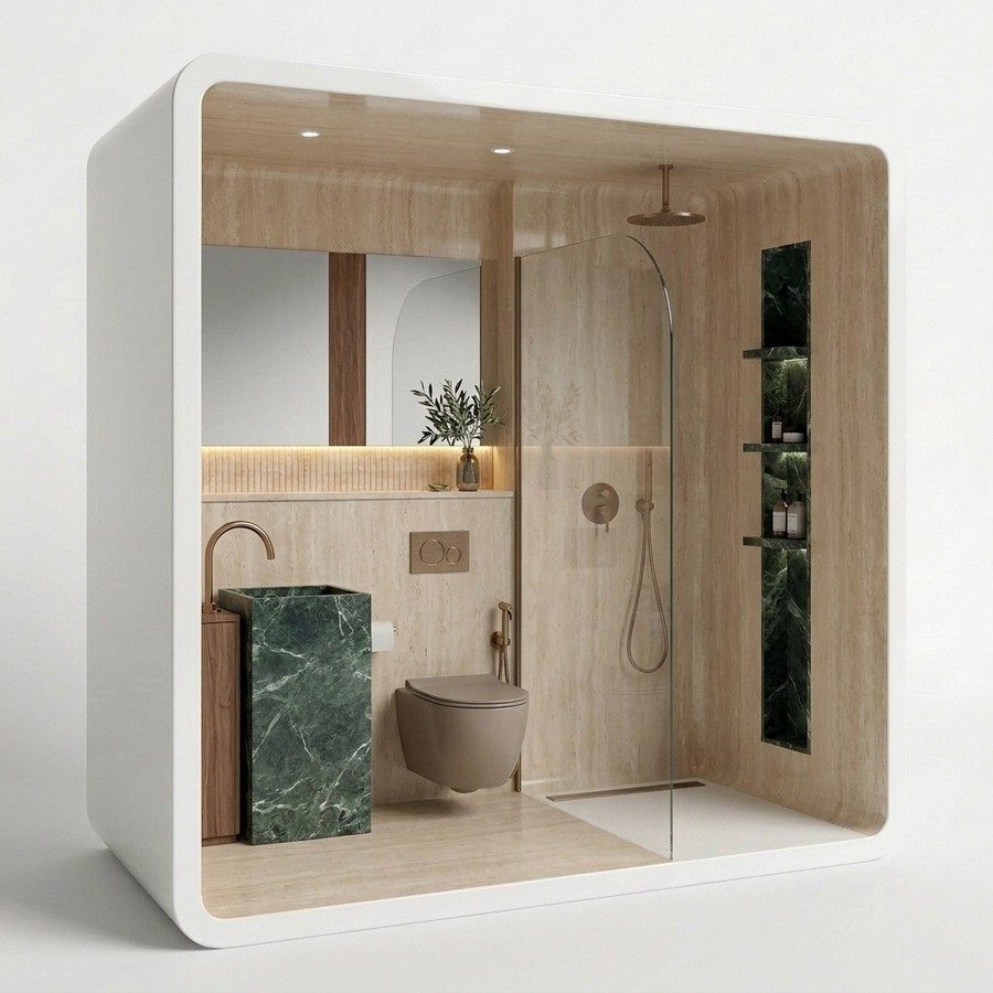 Bathroom pod concept with oak wall panels, green marble basin and planted niche