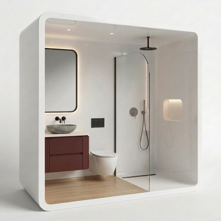 Bathroom pod concept with white walls, burgundy vanity and oak-look floor