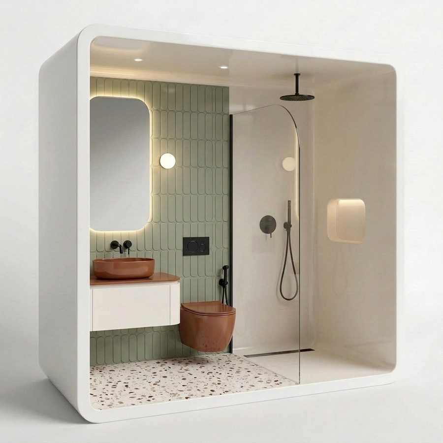 Bathroom pod concept with sage green tiles, terrazzo floor and terracotta basin