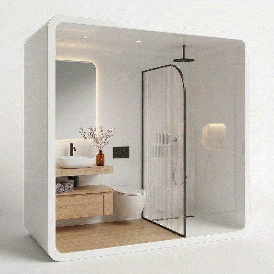 Bathroom pod concept in white with black-framed curved shower screen