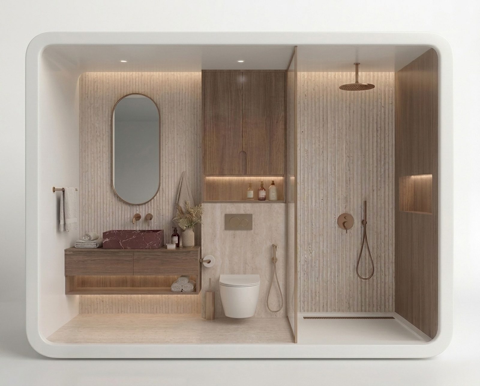 WetPod GRP bathroom pod interior with travertine fluted walls, walnut vanity, wall-hung WC and walk-in shower