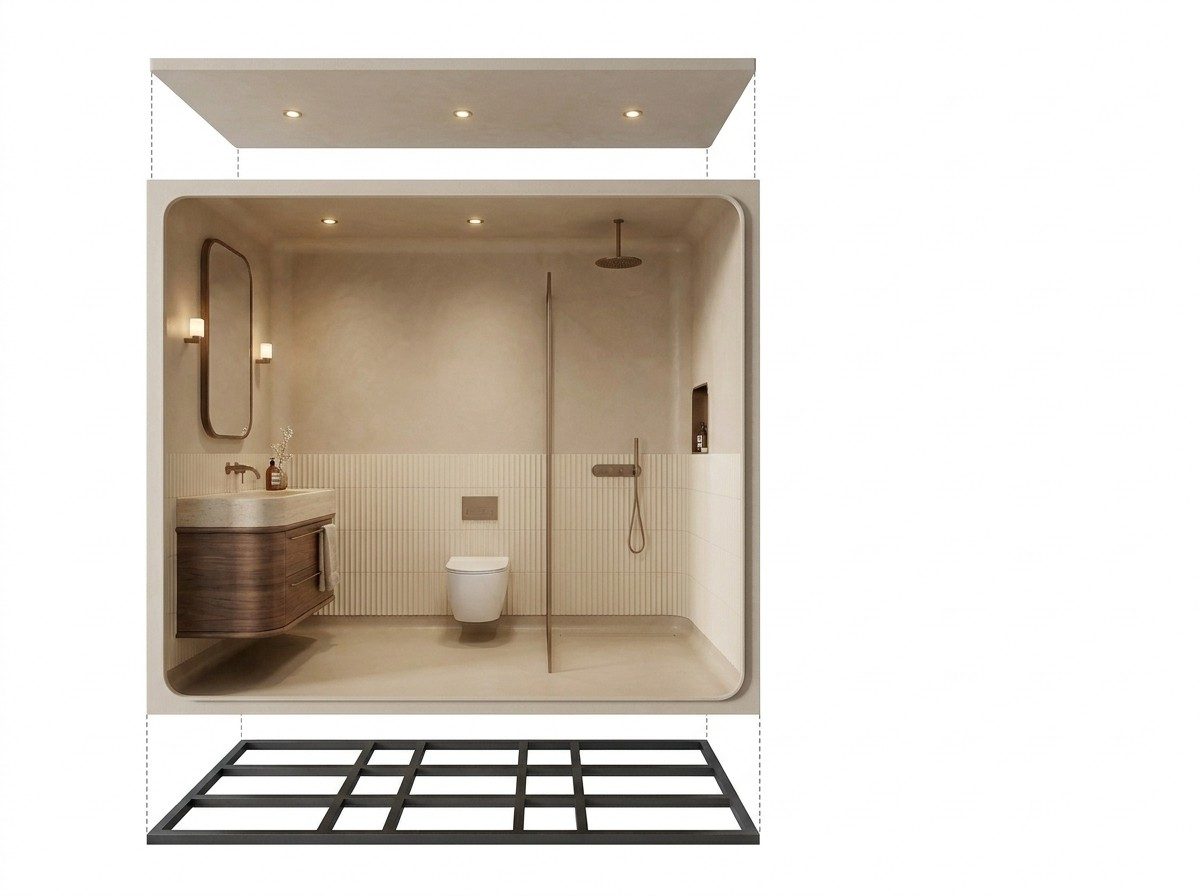 Exploded view of the WetPod bathroom pod showing roof panel, one-piece GRP shell with fit-out and galvanised steel subframe