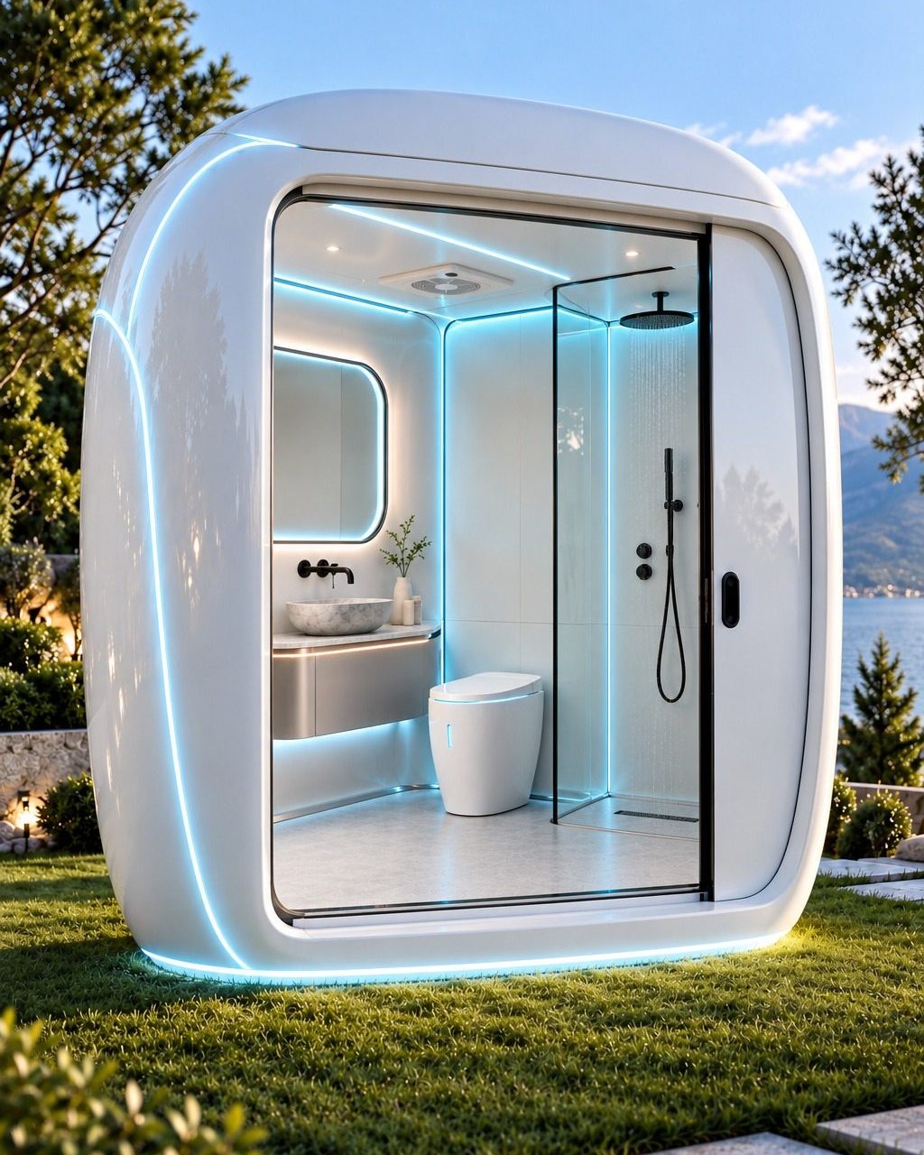 Off-grid WetPod bathroom pod with rounded white GRP shell standing on grass outdoors