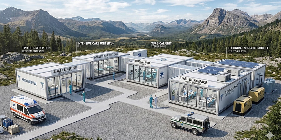 Dağlık bir manzarada kurulmuş, triyaj, yoğun bakım, cerrahi ve personel çalışma alanları için birimler içeren, dışarıda park etmiş acil durum araçlarının bulunduğu modüler bir saha hastanesi.